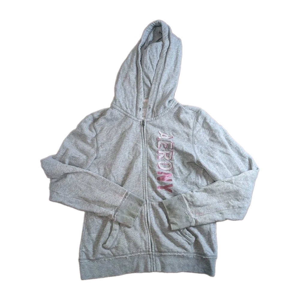 Y2K Aeropostale Women's Gray Full Zip Hoodie Pink Embroidered Logo Graphic XL